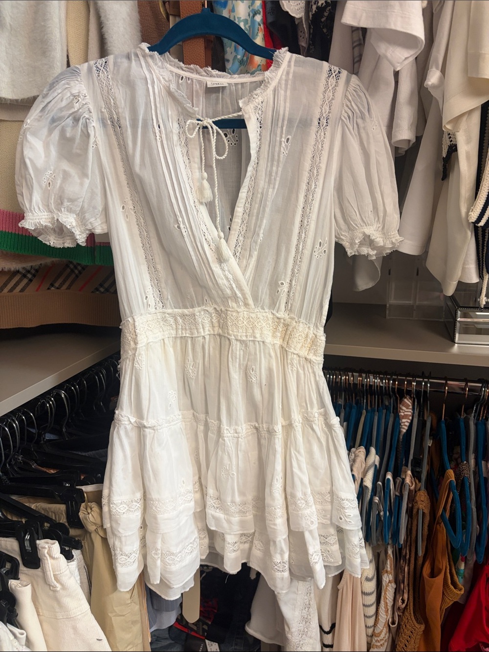 Aritzia White Lace Tiered Mini Dress with Puff Sleeves